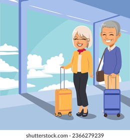 Vector illustration of senior couple with luggage travel suitcases waiting for departure. Adorable married people walking through airport vacation concept