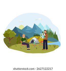 Ilustração vetorial de um casal de idosos nas montanhas, relaxando perto de uma tenda. Um deles segura um mapa, planejando sua rota. Natureza, árvores e um rio completam esta pacífica cena de aventura ao ar livre.