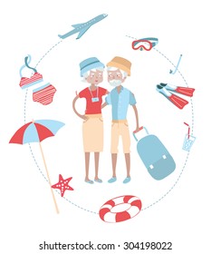 Vector illustration of senior couple in panama hats on a trip with travel  accessories on isolated white background