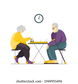 A vector illustration of a senior couple playing chess game for leisure time at a care home. Concentrated elderly man and woman happily and actively spend retirement together. Chessboard and figures.