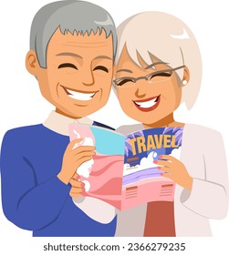 Vector illustration of senior couple reading travel guidebook planning trip destination. Active pensioner married people enjoying preparing vacation