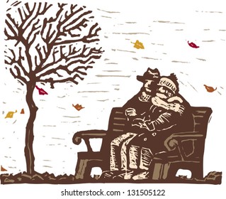 Vector illustration of senior couple sitting on bench on a cold day