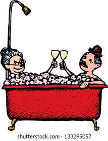 Vector illustration of senior couple taking bath together