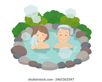 Vector illustration of a senior couple taking a hot spring bath