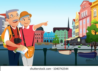 A vector illustration of Senior Couple Traveling After Retirement