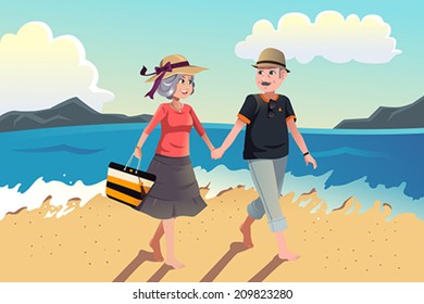 A vector illustration of senior couple walking on the beach