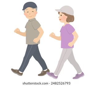 Vector illustration of a senior couple walking and exercising