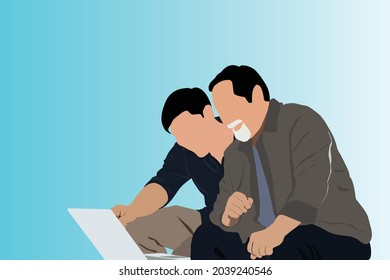 Vector illustration of senior father and adult son using computer laptop isolated cartoon vector illustration