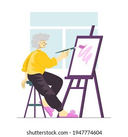 A Vector Illustration Of A Senior Female Artist Drawing At The Easel Enjoying Her Leisure Time. An Old Lady Painting With Paints And Brush On Canvas. Active Retirement. Private Lesson. Art Teacher.