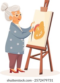 A vector illustration of a senior female artist drawing at the easel enjoying her leisure time. An old lady painting with paints and brush on canvas. Active retirement. Private lesson. Art teacher