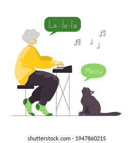 Ilustración vectorial de una música femenina de alto rango tocando piano y cantando disfrutando de su tiempo libre. Una anciana cantante feliz y un lindo gato maullando. Jubilación activa. Lección privada. Profesora de música