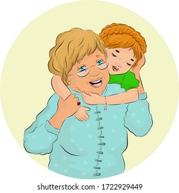 Vector illustration of a senior grandmother and her little grandchild hugging each with a deep love in  Feast of Ramadan celebration, Eid Mubarak