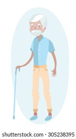 Vector illustration of senior grey-haired man with walking stick on blue background