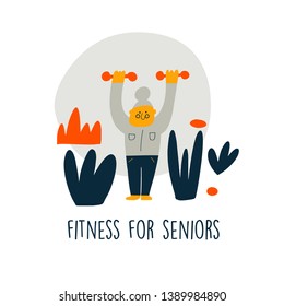 Vector illustration of senior lady, doing exercise with dumbells. Cartoon character. Senior fitnes concept