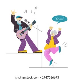 A vector illustration of a senior male rock star giving a concert and an elderly lady fan jumping happily to music, enjoying her leisure time. An old man playing guitar and singing. Active retirement.