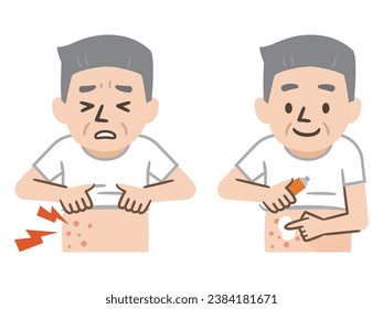 Vector illustration of a senior man applying eczema medication