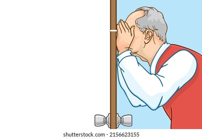 Vector illustration of senior man curiously peeked the other side of door,looking out through peephole,hiding behind the door,staring with hands protecting eyes,side view,News,Events,Curiosity.