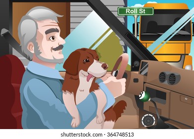 A Vector Illustration Of A Senior Man Driving In The City With His Dog On His Lap