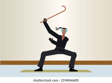 vector illustration of a senior man exercising martial arts with walking stick, cartoon grandpa ninja