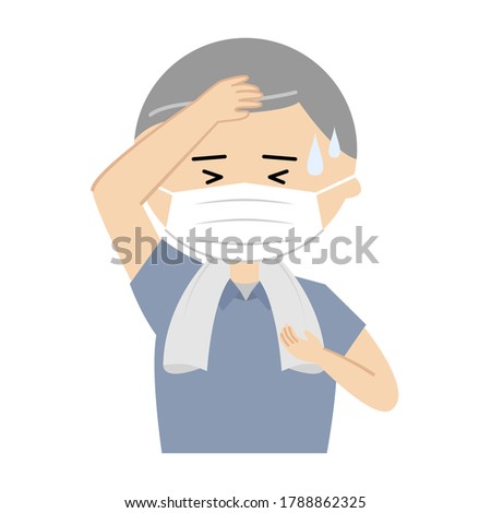 Vector illustration of senior man with a face mask sweating profusely