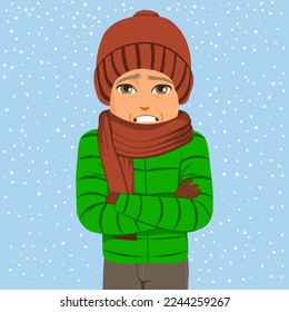 Vector illustration of senior man feeling cold bad weather outdoors during winter. Old male portrait on snow day outside in wintertime 