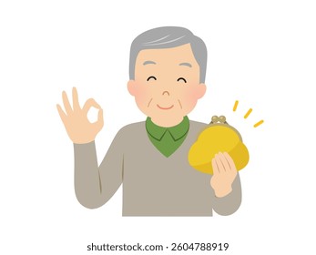 Vector illustration of a senior man holding a wallet and giving an OK sign