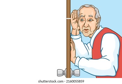 Vector Illustration Of Senior Man Listening Through The Door, Holds Hand Near Ear,eavesdropping,secretly Listening To Private Conversations,excited To Spy,widened Eyes,Infringement Of Privacy Rights.