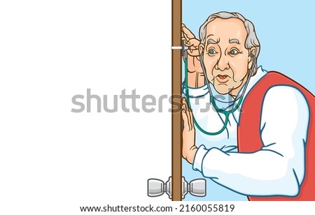 Vector illustration of senior man listening through wall using stethoscope,eavesdrop on private conversations,old man was excited to spy,widened eyes,Dangers of infringing on the right to privacy.