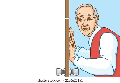 Vector illustration of senior man looked surprised after looking at the other side of the door,looking through peephole,hiding behind the door,widened his eyes,Curiosity,Safety,Danger from outsiders