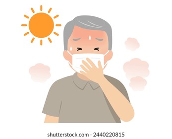 Vector illustration of a senior man with mask heat stroke