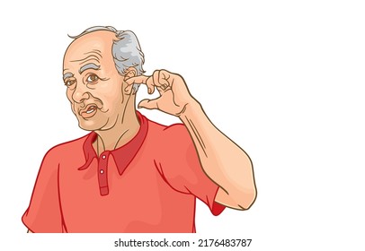 Vector illustration of senior man picking his ear with his index finger or putting finger into his ear,itchy ear,isolated on white background,Auditory,Hygiene,cleanlines,caring for elderly ear care.
