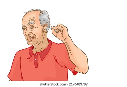 Vector Illustration Of Senior Man Was Picking His Ears With Cotton Swab,putting Hygienic Swab,cotton Buds Into His Ear,isolated On White,Auditory,Hygiene,cleanlines,caring For Elderly Ear Care.