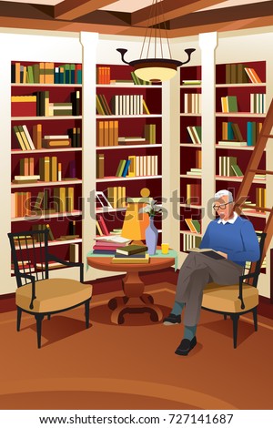 A vector illustration of Senior Man Reading a Book in the Library