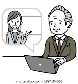Vector illustration of a senior man receiving an online explanation from a female instructor

