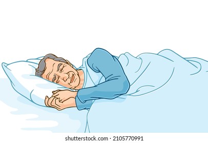 Vector illustration of senior man sleeping happily on pillow in bed at home,bedtime,good dreams,senior citizens,retired grandparents,old-age pensioners,isolated on whtie background,Human rest concept.