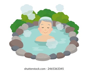 Vector illustration of a senior man taking a hot spring bath