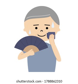 Vector illustration of senior man using a folding fan to cool off