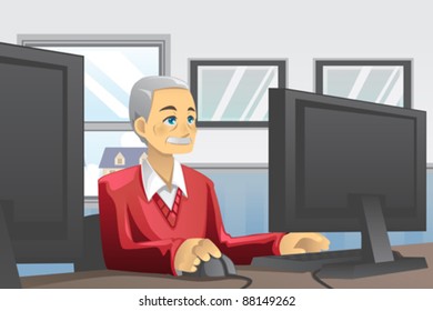 A vector illustration of a senior man using a computer