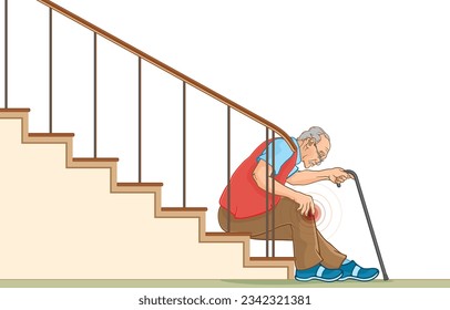 Ilustración vectorial de un anciano que usa gafas, aferrarse a un bastón sufre de dolor de rodilla después de caminar por las escaleras, sentarse en las escaleras de casa, aislado de fondo blanco. Atención de salud, seguridad de los ancianos.