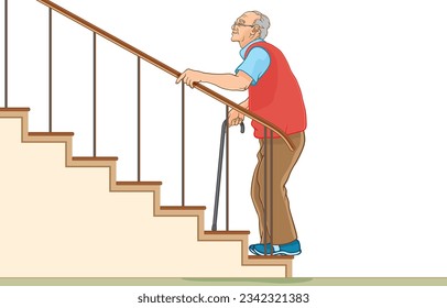 Vector illustration of senior man wearing glasses,holding cane,standing on first step of stairs,hand holding railing while looking up,try to go upstairs,isolated on white.Health care,safety elderly.