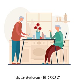 Vector illustration of senior man and woman sitting and standing near table and having lunch together in kitchen at home