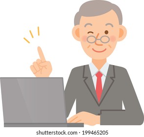 A vector illustration of senior office worker to use a personal computer