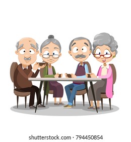 Vector illustration of senior people drinking coffee together is cafe. Elder couples enjoying time together. Isolated on the white background