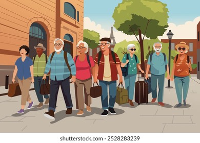 Una Ilustración vectorial de Personas Senior Viajando Juntos