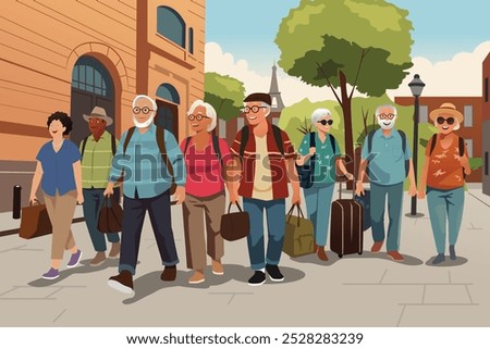 A vector illustration of Senior People Group Traveling Together