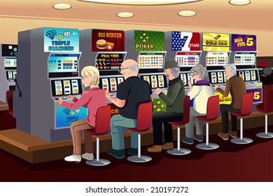 A Vector Illustration Of Senior People Playing Slot Machines In The Casino