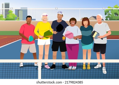 A Vector Illustration Of Senior People Playing Pickleball Outdoor 