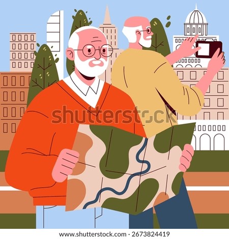 Vector illustration of senior tourists exploring a city. One holds a map while the other takes photos, surrounded by urban architecture and greenery, reflecting curiosity and adventure.