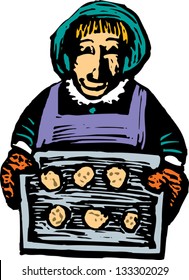 Vector illustration of senior woman baking cookies