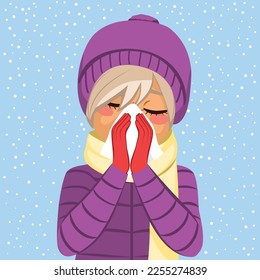 Vector illustration of senior woman blowing nose wearing warm clothes outdoors. Snowy day cold weather concept